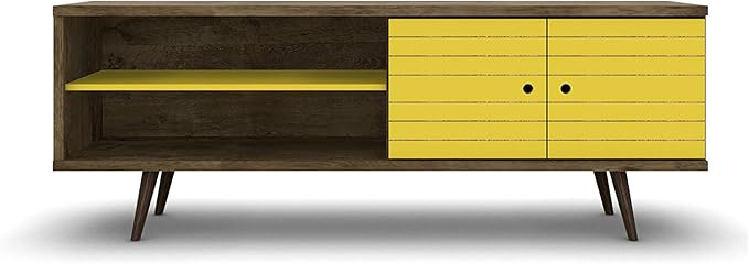 Manhattan Comfort Liberty Mid Century Modern TV Stand for Televisions up to 60 Inches, Bedroom and Living Room Entertainment Center with Storage, Shelves, and Cabinet, 63" Wide, Rustic Brown/Yellow - LeafyLoom