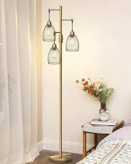 Dimmable Floor Lamp, 3 x 800LM LED Edison Bulbs Included, Farmhouse Industrial Floor Lamp Standing Tree Lamp with Elegant Teardrop Cage Tall Lamps for Living Room Bedroom Office Dining Room-Brass - LeafyLoom