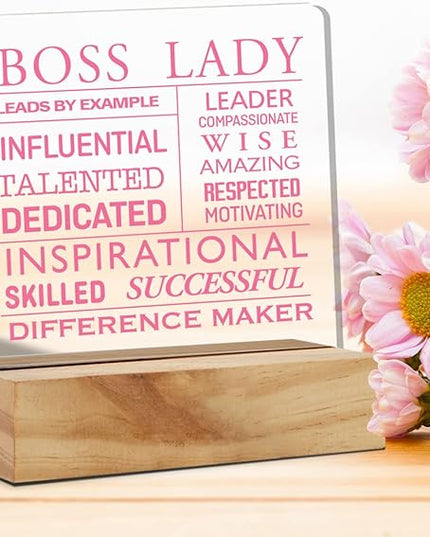 Inspirational Boss Appreciation Gift Boss Lady Gifts for Women, Pink Boss Lady Desk Decor Acrylic Desk Plaque Sign with Wood Stand Home Office Desk Sign Keepsake - LeafyLoom