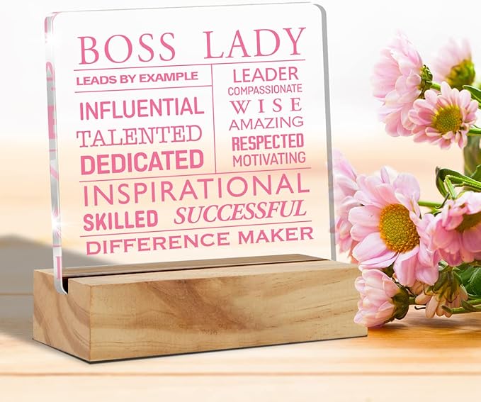Inspirational Boss Appreciation Gift Boss Lady Gifts for Women, Pink Boss Lady Desk Decor Acrylic Desk Plaque Sign with Wood Stand Home Office Desk Sign Keepsake - LeafyLoom