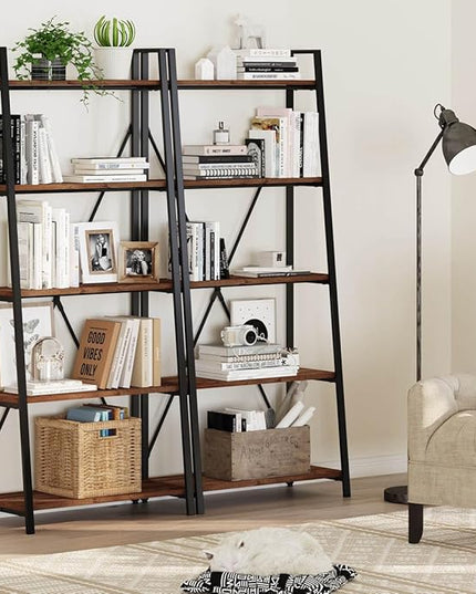 BON AUGURE Ladder Shelf Bookcase, 5-Tier Industrial Ladder Bookshelf, Tall Living Room Shelves, Wood and Metal Leaning Shelf for Home Office, Kitchen, Bedroom, Balcony (Rustic Oak) - LeafyLoom