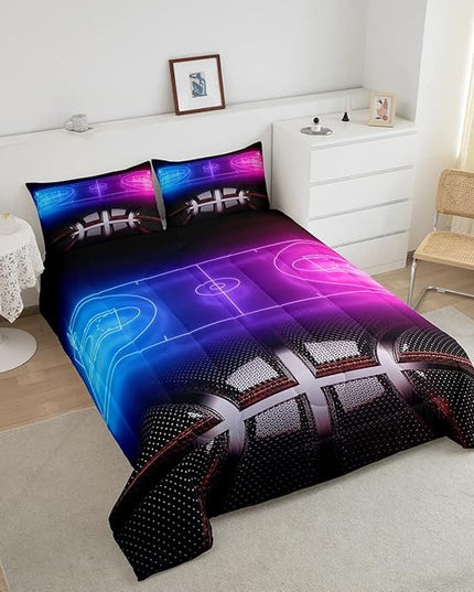 Erosebridal Sports Basketball Queen Comforter Set for Teen Boys Girls Neon Basketball Court Bedding Set,Ball Competitive Games Comforter Soft Lightweight Quilt Duvet Set 2 Pillow Cases Bedroom Decor - LeafyLoom