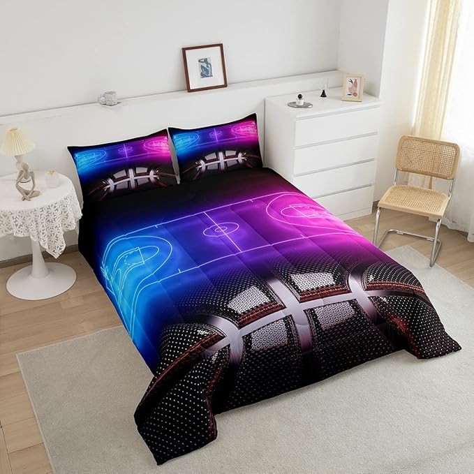 Erosebridal Sports Basketball Queen Comforter Set for Teen Boys Girls Neon Basketball Court Bedding Set,Ball Competitive Games Comforter Soft Lightweight Quilt Duvet Set 2 Pillow Cases Bedroom Decor - LeafyLoom