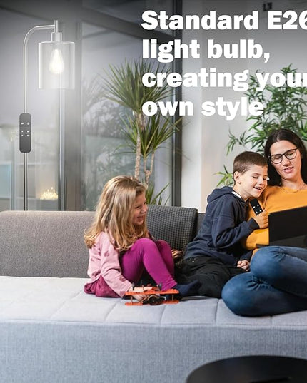 PAZZO LED Floor Lamp, Industrial Standing Lamp with Glass Lampshade, Ideal for Living Room, Bedroom, and Office,Silver(includes Remote Control) - LeafyLoom