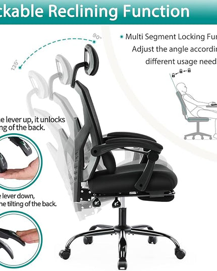 MCQ Office Computer Desk Chair, Gaming Chairs for Adults, High-Back Mesh Rolling Swivel Reclining Chairs with Wheels, Comfortable Lumbar Support, Comfy Arms for Home, Office, Gaming, Student, Black - LeafyLoom