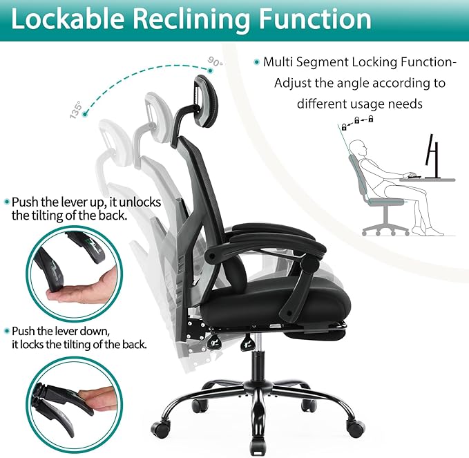 MCQ Office Computer Desk Chair, Gaming Chairs for Adults, High-Back Mesh Rolling Swivel Reclining Chairs with Wheels, Comfortable Lumbar Support, Comfy Arms for Home, Office, Gaming, Student, Black - LeafyLoom