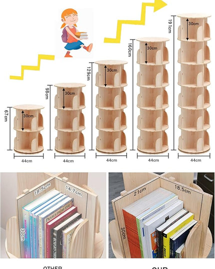 Rotating Bookshelf 360 Degrees, 4 Tier Stackable Solid Wood Bookshelf Organizer, Storage Display Rack Floor Standing Bookcase for Kids&Adults (51"x18"x18")… - LeafyLoom