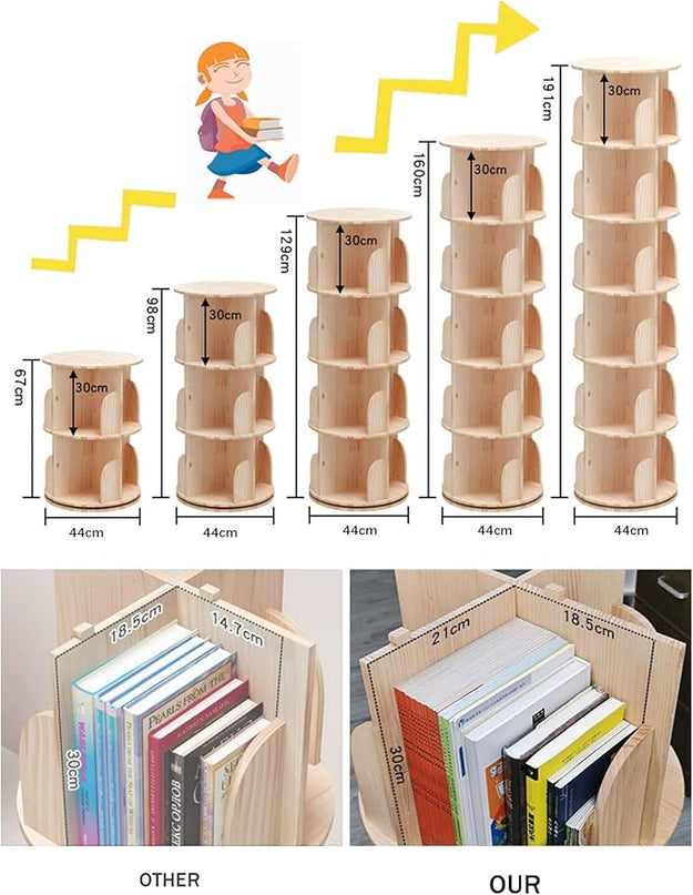 Rotating Bookshelf 360 Degrees, 4 Tier Stackable Solid Wood Bookshelf Organizer, Storage Display Rack Floor Standing Bookcase for Kids&Adults (51"x18"x18")… - LeafyLoom