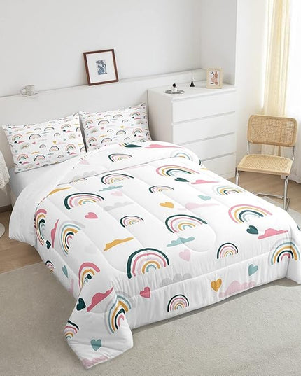 Erosebridal Kids Rainbow Bedding Set, Girly Love Heart Comforter Set Twin Size Cartoon Rainbow Cloud Duvet Sets for Girls Boys Women Bedroom Decor, Soft Microfiber Down Comforter 2 Pieces,Colorful - LeafyLoom