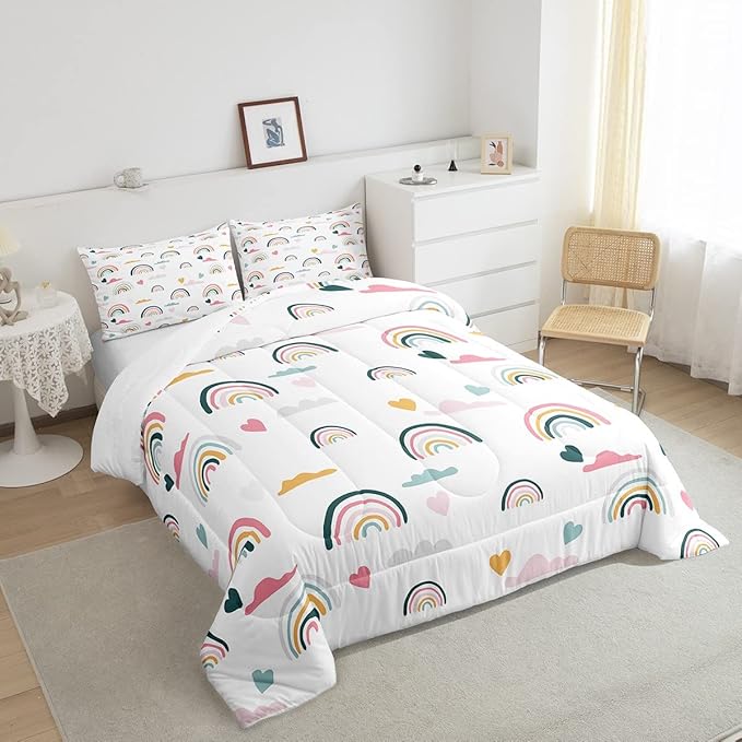 Erosebridal Kids Rainbow Bedding Set, Girly Love Heart Comforter Set Twin Size Cartoon Rainbow Cloud Duvet Sets for Girls Boys Women Bedroom Decor, Soft Microfiber Down Comforter 2 Pieces,Colorful - LeafyLoom