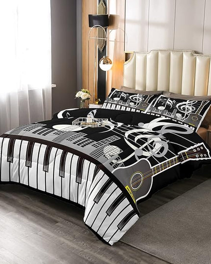 Erosebridal Paino Keys Bedding Set King Size Musical Notes Comforter Set Guitar Rock Music Bedding Comforter for Kids Boys Teens Men Retro Black White Grey Down Comforter Bedroom Decor 3 Piece - LeafyLoom