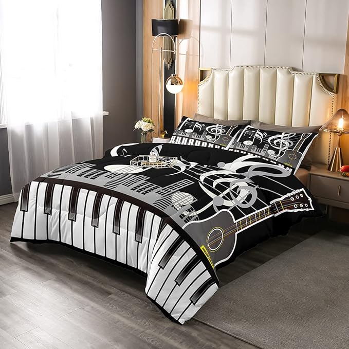 Erosebridal Paino Keys Bedding Set Queen Size Musical Notes Comforter Set Guitar Rock Music Bedding Comforter for Kids Boys Teens Men Retro Black White Grey Down Comforter Bedroom Decor 3 Piece - LeafyLoom