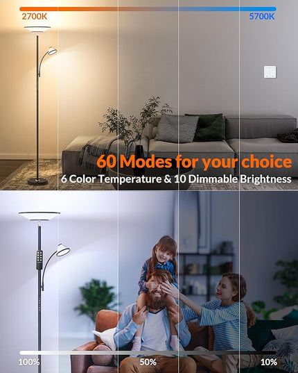 Floor Lamp for Living Room, Bright Standing Lamp with Wall Switch and Remote, 60 Lighting Effects Led Reading Lamp, Torchiere Floor Lamp for Bedroom, Office, Corner - LeafyLoom