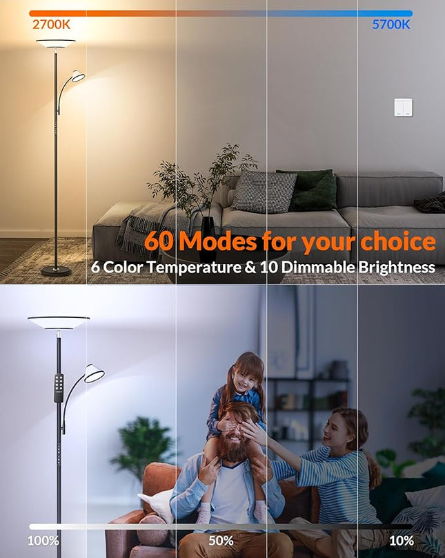 Floor Lamp for Living Room, Bright Standing Lamp with Wall Switch and Remote, 60 Lighting Effects Led Reading Lamp, Torchiere Floor Lamp for Bedroom, Office, Corner - LeafyLoom