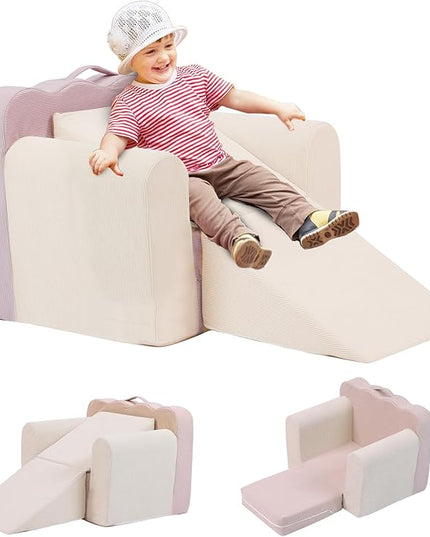 3-in-1 Toddler Chair Comfy Kids Sofa Chair,Toddler Couch Fold Out with Folding Ottomans,Foldable Baby Couch for Girls and Boys,Convertible Kids Chair Cozy to Lounger Pull Out for Playroom,Beige Pink - LeafyLoom