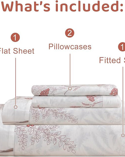 QSH Floral Bed Sheets Queen Size - 100% Egyptian Cotton Sheets Elegant Aesthetic Flower Pattern Printed Bedding Sheets Queen Size Bed Extra Soft and Breathable 4pcs Deep Pockets Bed Sheets - LeafyLoom