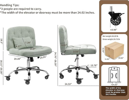 Criss Cross Chair with Wheels, Comfy Fabric Cross Legged Office Chair for Adult, Armless Wide Seat Desk Chair with Lumbar Pillow,Swivel Vanity Chair for Home Office, Conference (Sage Green) - LeafyLoom