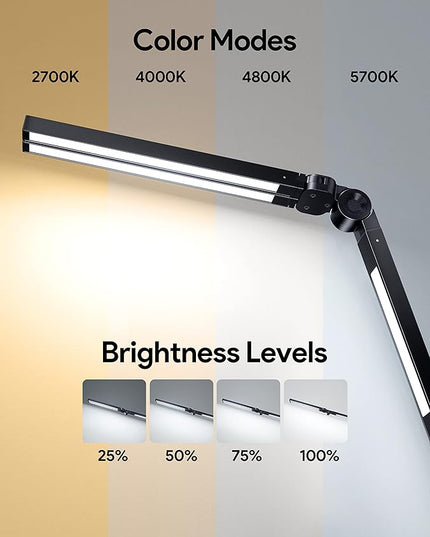 MediAcous LED Desk Lamp with Clamp, 20W Three Lights Desk Light for Home Office, Flexible Swing Arm, Control Box, 4 Color Modes, 4 Brightness, Memory Function, Eye-Caring Clip-on Lamp for Workbench - LeafyLoom