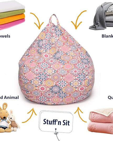 YuppieLife Kids Storage Bean Bag Cover（No Filling） Toy Organizer|Carrying Handle Sofa|Available for Kids and Teenager|Cuddle Chair|Machine Washable and Durable（27“,Pink Flowers） - LeafyLoom