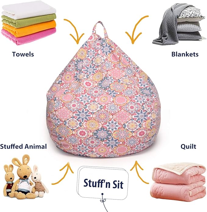 YuppieLife Kids Storage Bean Bag Cover（No Filling） Toy Organizer|Carrying Handle Sofa|Available for Kids and Teenager|Cuddle Chair|Machine Washable and Durable（27“,Pink Flowers） - LeafyLoom