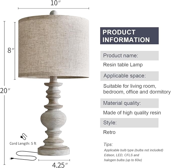 BOBOMOMO Tradition 20" Rustic Single Table Lamp for Living Room Bedroom Bedside Desk Lamps Bedroom Nightstand Vintage Lamps Linen,Suitable for Decorating Small Areas (1 Pack) - LeafyLoom