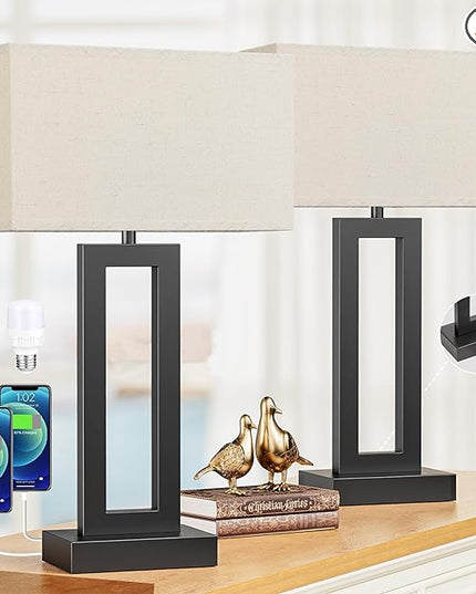 22" Tall Living Room Lamps for Night Stands - Touch Bedside Lamp with USB C+A, 3 Way Dimmable bedroom Lamps for End Tables Set of 2, Modern Night Stand Lamps for Bed Side(Beige&Black) - LeafyLoom