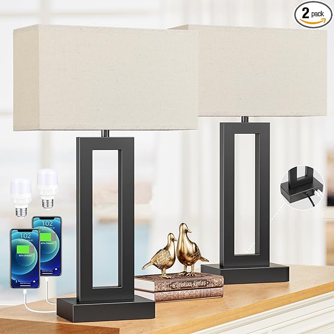 22" Tall Living Room Lamps for Night Stands - Touch Bedside Lamp with USB C+A, 3 Way Dimmable bedroom Lamps for End Tables Set of 2, Modern Night Stand Lamps for Bed Side(Beige&Black) - LeafyLoom