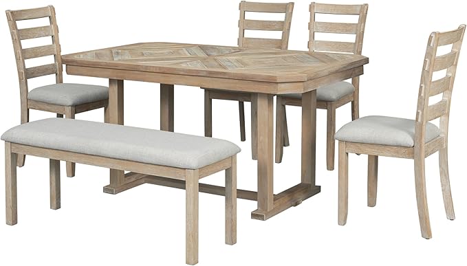 6-Piece Rubber Wood Dining Table Set with Beautiful Grain Pattern Tabletop Solid Wooden Veneer and Soft Cushion Chairs, for Kitchen, Diningroom, Living Room, Home Bar, Natural+Grey - LeafyLoom
