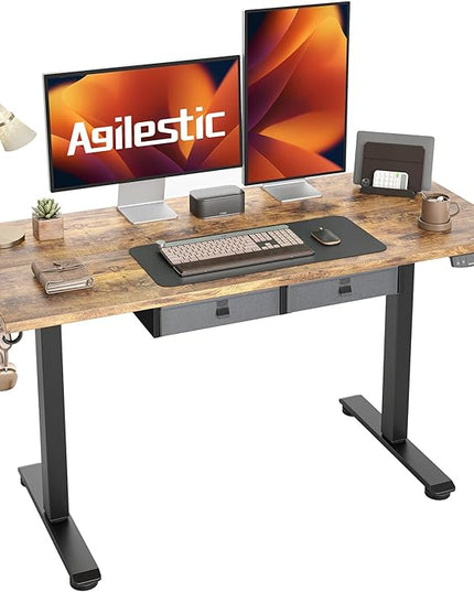 Height Adjustable Desk with Keyboard Tray, 55 x 24 Inches Electric Standing Desk, Stand up Computer Table with Memory Preset, Dark Brown, Splice Board - LeafyLoom
