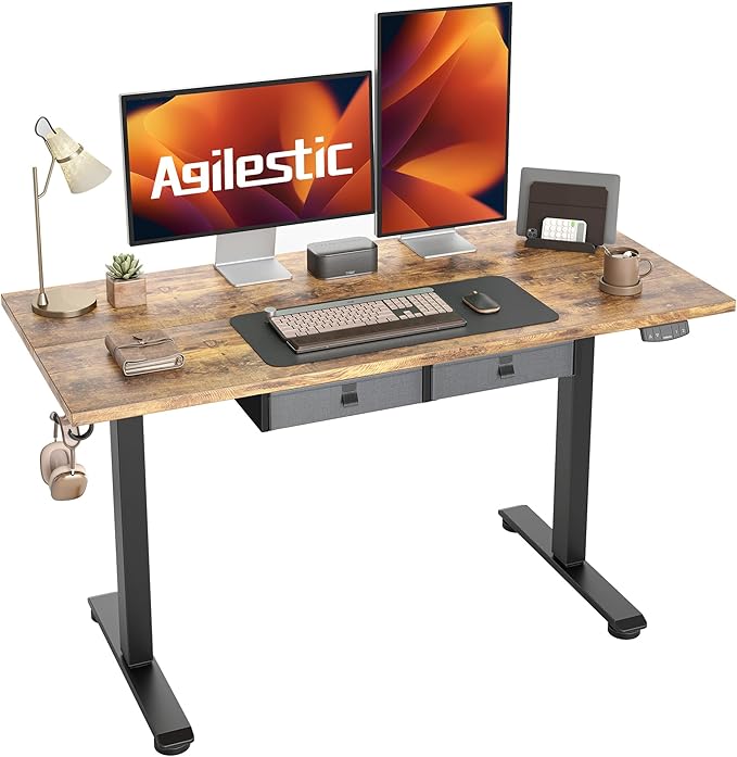Height Adjustable Desk with Keyboard Tray, 55 x 24 Inches Electric Standing Desk, Stand up Computer Table with Memory Preset, Dark Brown, Splice Board - LeafyLoom