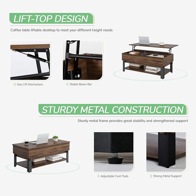 Novilla Modern Lift Top Coffee Table with Storage for Living Room Wodden Lift Tabletop Dining Table with Hidden Compartment and Metal Frame 40 Inch, Walnut - LeafyLoom