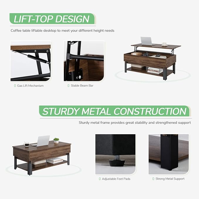 Novilla Modern Lift Top Coffee Table with Storage for Living Room Wodden Lift Tabletop Dining Table with Hidden Compartment and Metal Frame 40 Inch, Walnut - LeafyLoom