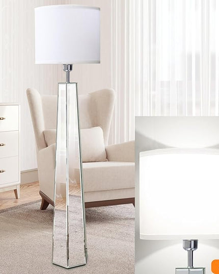 Silver Mirror Floor Lamp, Standing Decorative Lamp with Hexagon Shaped Glass Base, White Round Linen Shade, 49" Height for Living Room Bedroom, Modern Art Decor (9W LED Bulb Included) - LeafyLoom