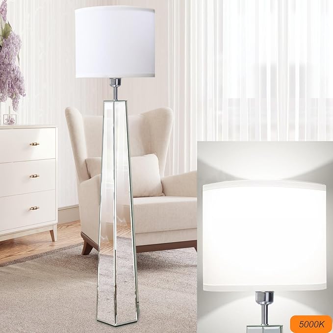 Silver Mirror Floor Lamp, Standing Decorative Lamp with Hexagon Shaped Glass Base, White Round Linen Shade, 49" Height for Living Room Bedroom, Modern Art Decor (9W LED Bulb Included) - LeafyLoom
