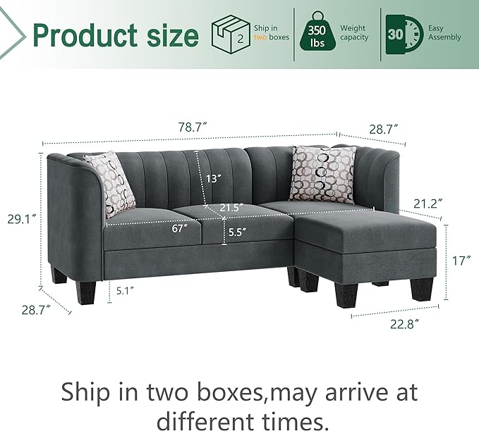 Shintenchi Upgraded Convertible Sectional Sofa Couch, 3 Seat L Shaped Sofa with High Armrest Linen Fabric Small Couch Mid Century for Living Room, Apartment and Office (Dark Grey) - LeafyLoom