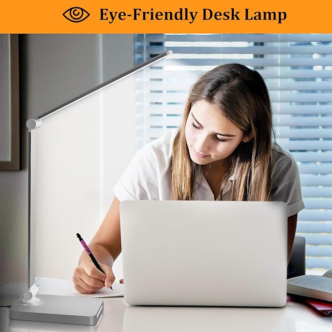 Dott Arts LED Desk Lamp with USB Ports,Touch Desk Lamps for Home Office with 5 Color Modes,3 Brightness Desk Light with Small Night Light,Reading Lamp Table LED Lamp for Bedroom Bedsid Study Sliver - LeafyLoom