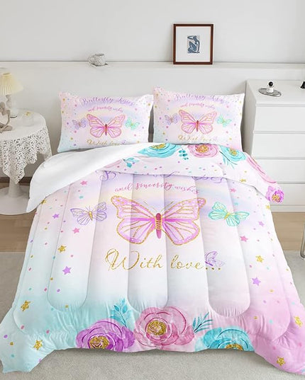 CVHOUSE Butterfly Bedding Set,Butterfly Comforter Queen,Butterfly Comforter Set for Girls Kids Teens,Butterflies Quilt Set with 1 Comforter and 2 Pillow Cases- 3 Piece - LeafyLoom