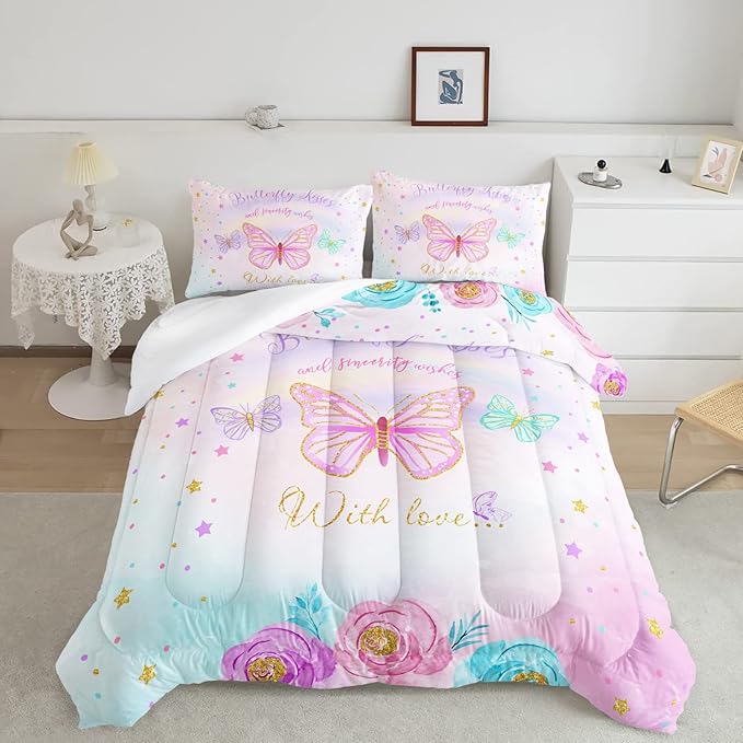CVHOUSE Butterfly Bedding Set,Butterfly Comforter Queen,Butterfly Comforter Set for Girls Kids Teens,Butterflies Quilt Set with 1 Comforter and 2 Pillow Cases- 3 Piece - LeafyLoom