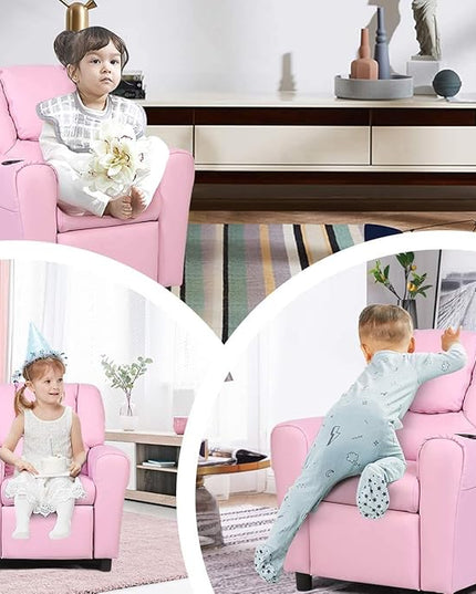 ARLIME Kids Recliner chair, toddler Armchair Upholstered Couch with Cup Holder, Backrest, baby Leather sofa with Headrest and Footrest, Child Furniture for Ages 2-7(Pink) - LeafyLoom