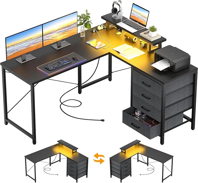 Homieasy L Shaped Desk with Drawers & Power Outlets, Reversible Computer Desk with LED Light and Monitor Stand, 50 Inch Home Office Gaming Work Study Desk with 4 Storage Drawers, Black - LeafyLoom