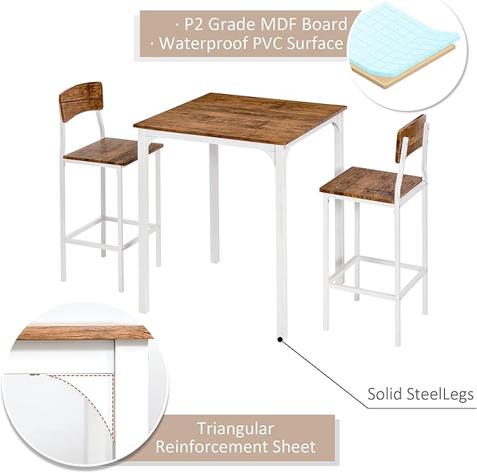NicBex Kitchen Table for 2 Dining Room Set 3 Piece Bar Table Set, Industrial Counter Height Dining Table Set, Bar Table & Chairs with Steel Legs & Footrests, White - LeafyLoom