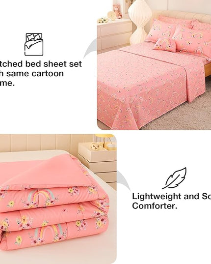 Mooreeke Full Size Comforter Sets for Girls Kids, 8 Pieces Bed in a Bag Pink Rainbow Flowers Bedding Comforter Sheet Set with Shams and Decorative Toy Pillow, Ultral Soft Microfiber Kids Bed Set - LeafyLoom