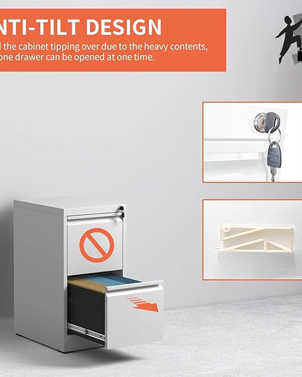 2 Drawer File Cabinet,White Metal Filing Cabinets for Home Office,Vertical File Cabinet with Lock for A4/Letter/Legal Size Files,Assembly Required - LeafyLoom