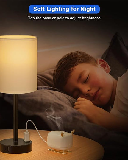 Innqoo White Touch Bedroom Lamps Set - 3 Way Dimmable Bedside Lamps with USB C and A Ports and Outlets, Nightstand Lamps with Black Base, Small Lamps for Nursery Office - LeafyLoom