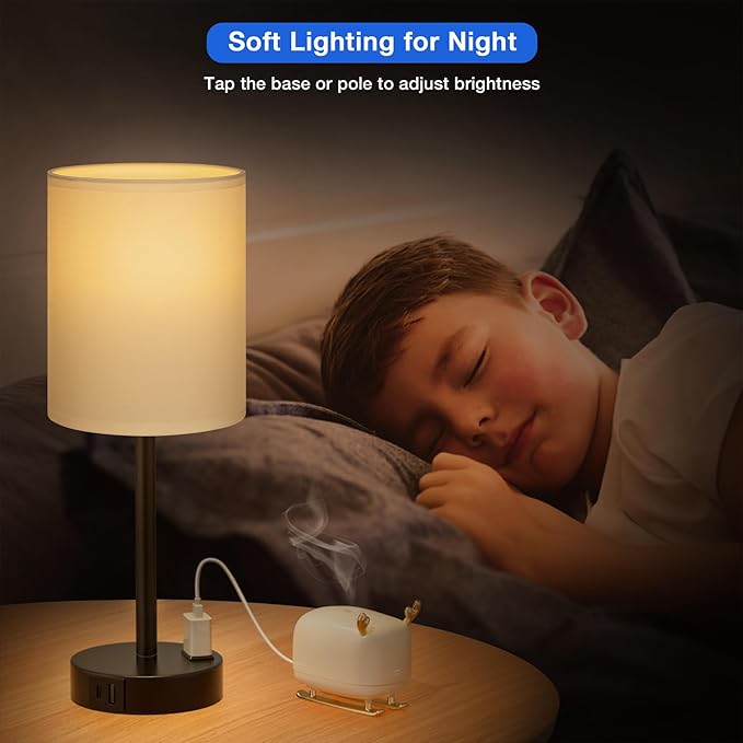 Innqoo White Touch Bedroom Lamps Set - 3 Way Dimmable Bedside Lamps with USB C and A Ports and Outlets, Nightstand Lamps with Black Base, Small Lamps for Nursery Office - LeafyLoom