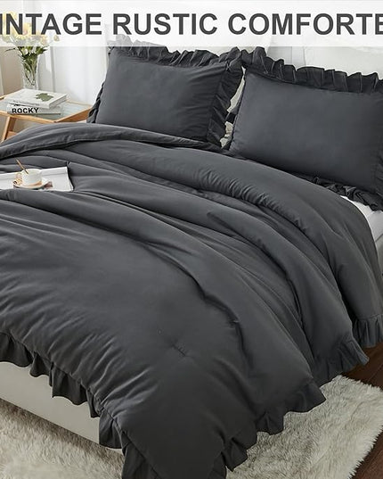 Andency Dark Gray Comforter Set Full, 3 Pieces Full Bed Solid Bedding Comforters & Sets, (1 Ruffle Comforter and 2 Pillowcases) All Season Lightweight Fluffy Soft Microfiber Bedding Set(79x90Inch) - LeafyLoom