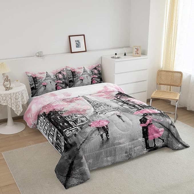 Pink Paris Bedroom Comforter Set Queen,Pink Grey Eiffel Tower Bedding Set For Teens Girls Paris Themed Room Decor,Watercolor Cherry Blossoms Couple Women Retro Dark Gray Quilt Comforter 2 Pillow Cases - LeafyLoom