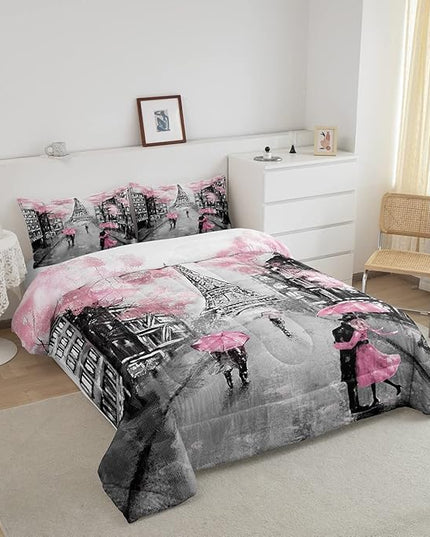 Paris Comforter Set French Eiffel Tower Bedding Sets Twin for Girls Kids Women Paris Themed Bedroom Decor Watercolor Cherry Blossoms Comforter Couple Retro Gray Building Quilted Duvet Pink Grey 2 Pcs - LeafyLoom
