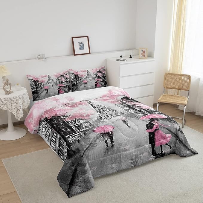 Paris Comforter Set French Eiffel Tower Bedding Sets Twin for Girls Kids Women Paris Themed Bedroom Decor Watercolor Cherry Blossoms Comforter Couple Retro Gray Building Quilted Duvet Pink Grey 2 Pcs - LeafyLoom