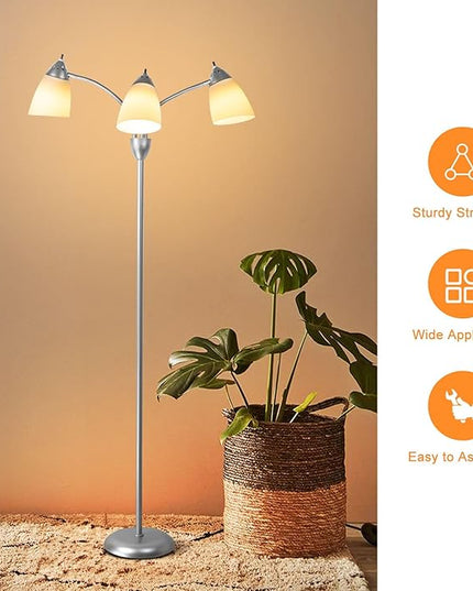 DINGLILIGHTING Floor Lamp Tall for Bedroom: Silver Standing Lamp Reading for Living Room Home Study Room Office - Modern Led Floor Light 3-Light Adjustable Flexible Gooseneck Metal Multi Head - LeafyLoom